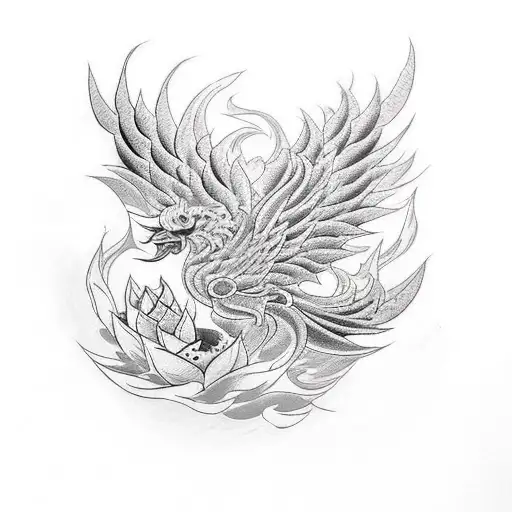 Lotus Petals Forming The Shape Of A Phoenix In A Sketch Style