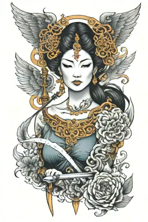 Face Goddess Themis With Sword And Wings In Fantasy Style