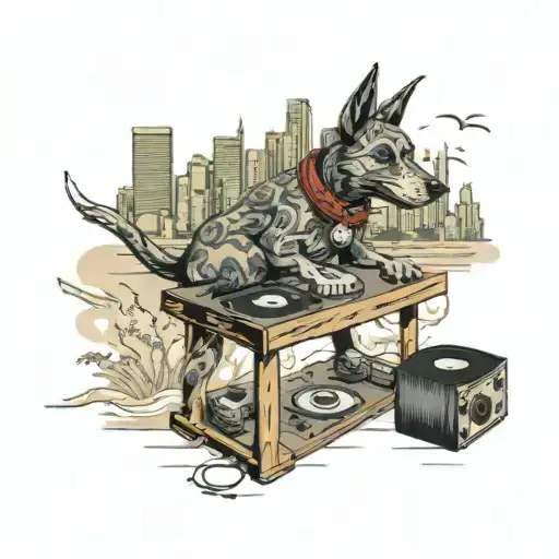 A Dog Dj Spinning Vinyl Records On A Turntable With A City Skyline In The Background