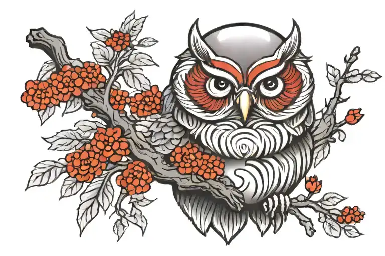 Daruma Owl On A Cherry Branch In Grayscale With Red Accents And A Kanji Character
