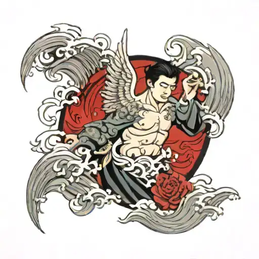 Male Angel Infront Of Waves