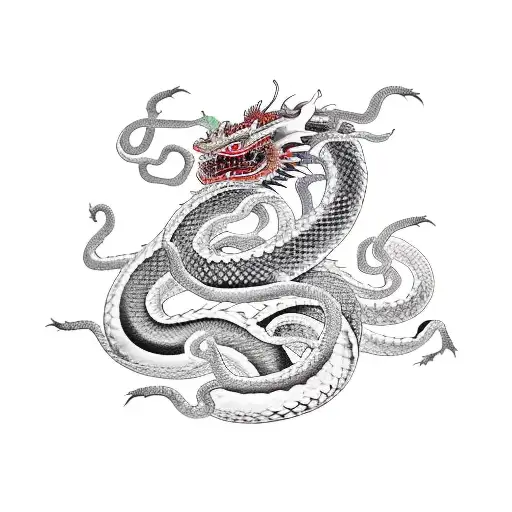 Japanese Dragon Along Spine With Two Snakes Crawling Up On It One Cobra And One Python