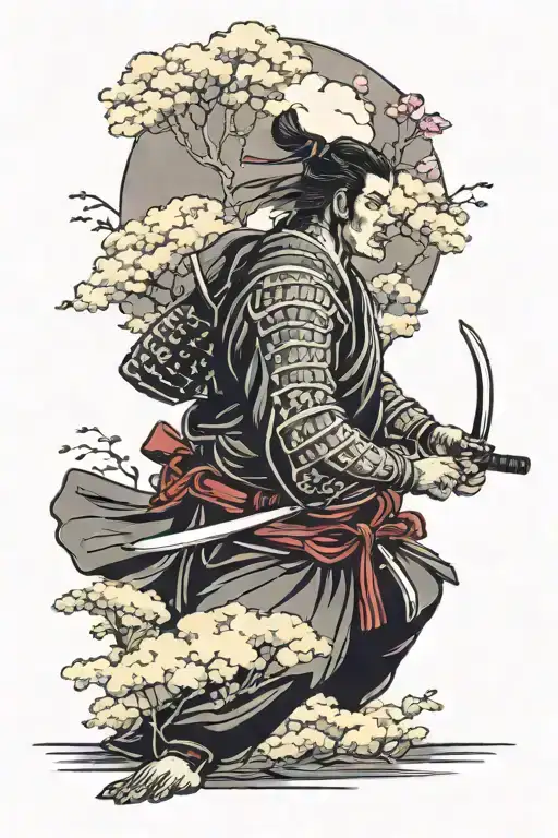 Samurai Warrior In Fighting Stance With Cherry Blossoms And Cloud Background