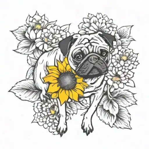 Black Pug With Sunflower Surrounded