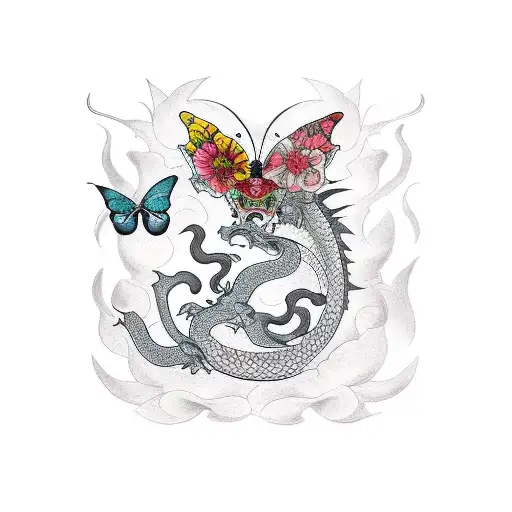 Butterfly With Dragon And Rose
