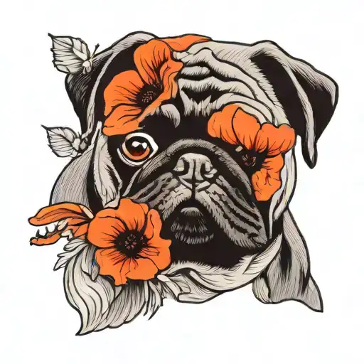 Black Pug Face With Poppies Blooming
