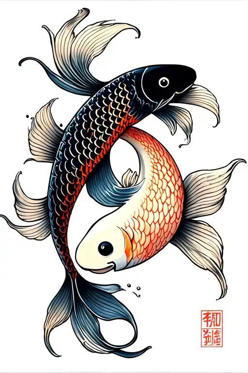 Yin Yang Koi Fish Swimming Upstream
