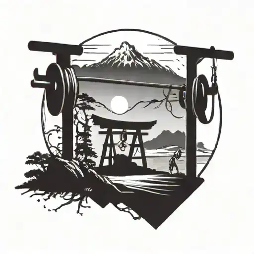A Mountain Landscape With A Gym Equipment Silhouette In The Foreground