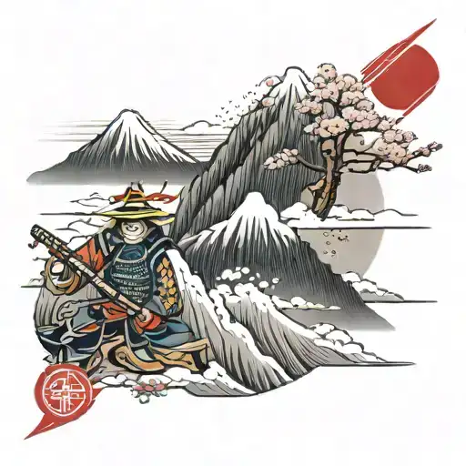 Samurai Japanese Flag Mountain Landscape