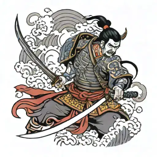 Samurai Warrior Killing Demon With A Storm Behind Him