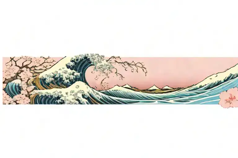 The Great Wave Off Kanagawa Aginst Night Sky And Pink Cherry Blossoms