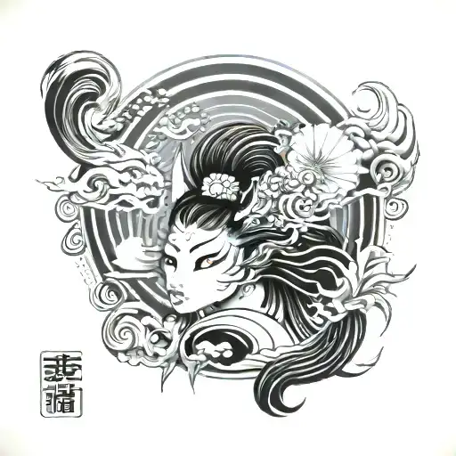 Japanese Traditional Amaterasu Woman And Sun