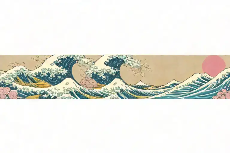 The Great Wave Off Kanagawa With Starry Night And Pink Cherry Blossom