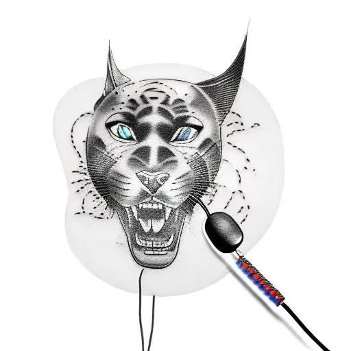 A Black-grey Tattoo Of A Panther Listening To Music With Headphones