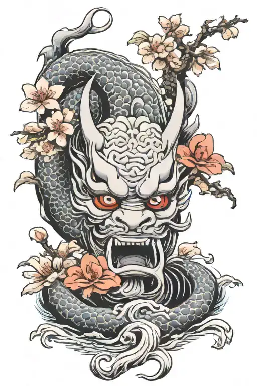 Japanese Oni Mask Mountain Scene Koi Pond Cherry Blossom