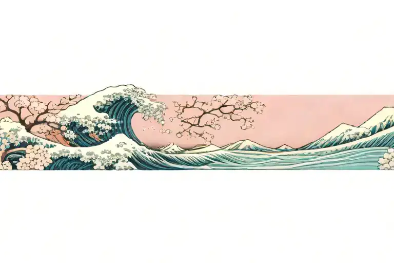 The Great Wave Off Kanagawa Aginst Night Sky And Pink Cherry Blossoms