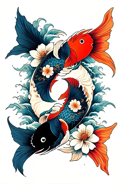 Yin Yang Koi Fish With Waves And Flowers