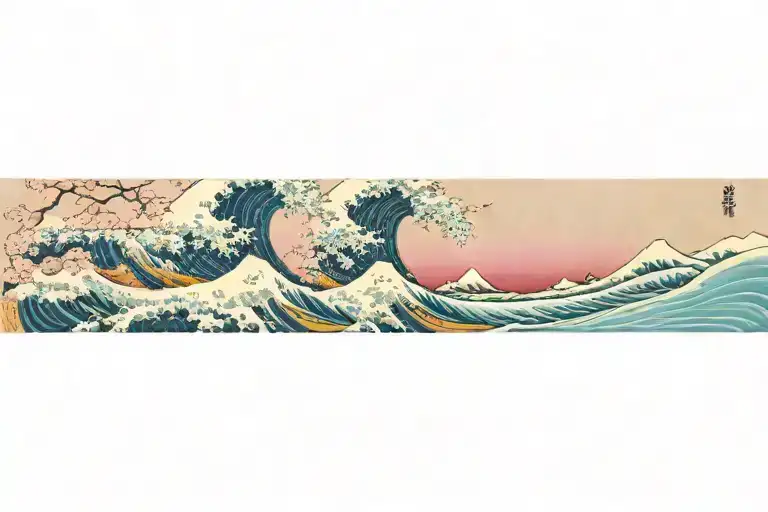The Great Wave Off Kanagawa Aginst Night Sky And Pink Cherry Blossoms