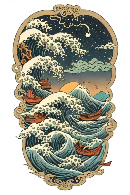 Tsnumani Wave Against The Night Sky Destryoing Boats