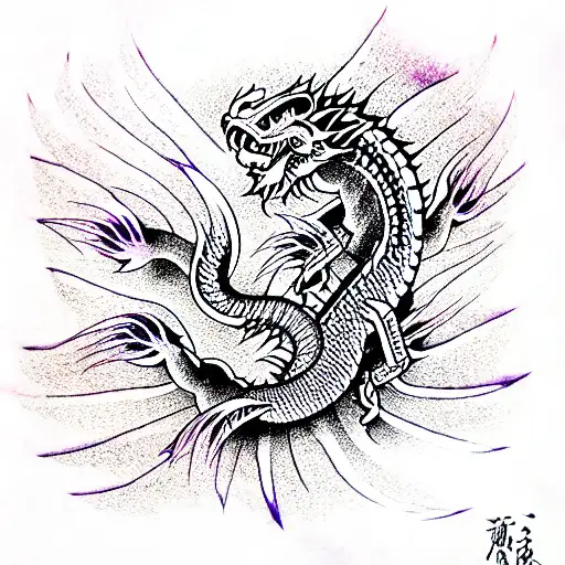 Water Dragon Exhales Flames With Purple Background