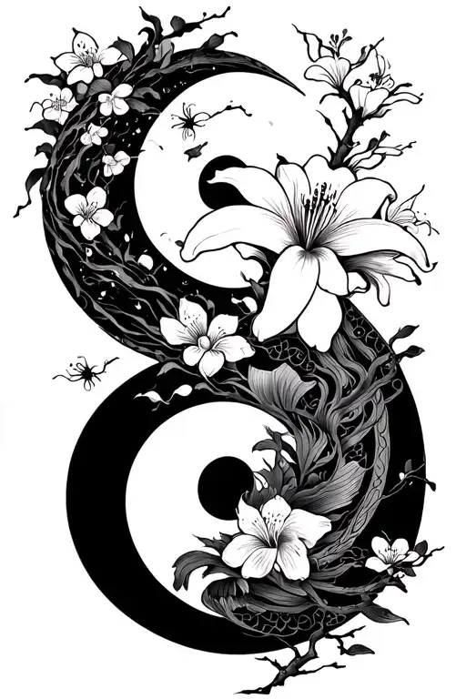 Yin Yang With Cherry Blossom Tree Spider Lily And White And Black Samurai