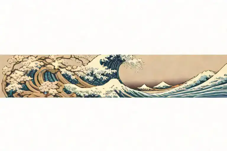 The Great Wave Off Kanagawa Aginst Night Sky And Pink Cherry Blossoms