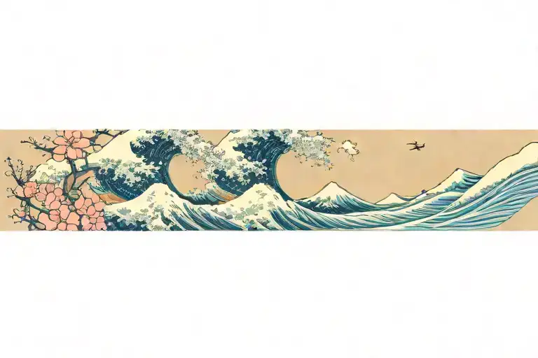 The Great Wave Off Kanagawa With Starry Night And Pink Cherry Blossom