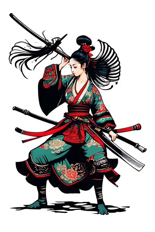 Woman Samurai Warrior Battling