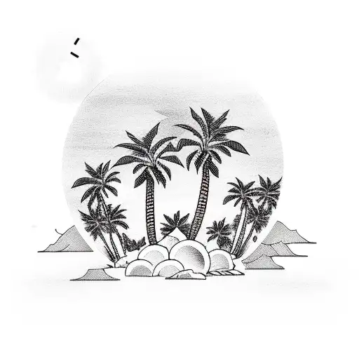 Palm Trees At Sunset With Coconut Drink And French Fries