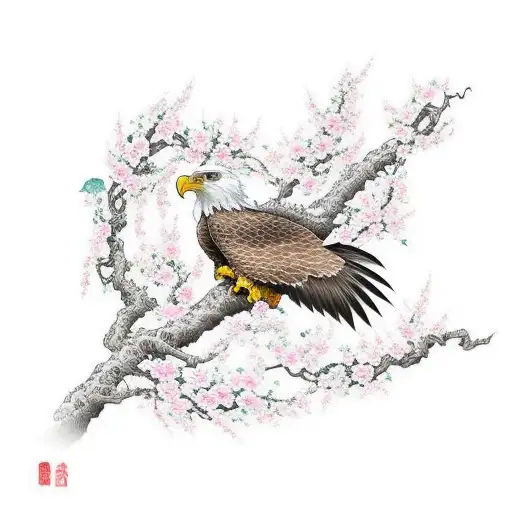Soft And Graceful Eagle Perched On A Blooming Cherry Blossom Branch