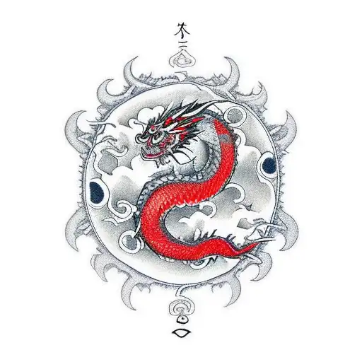 Small Japanese Peaceful Red Dragon With Ying Yang For A Small