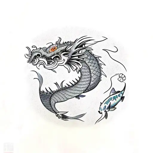 Asiatic Dragon With Koi Fish In A Fall