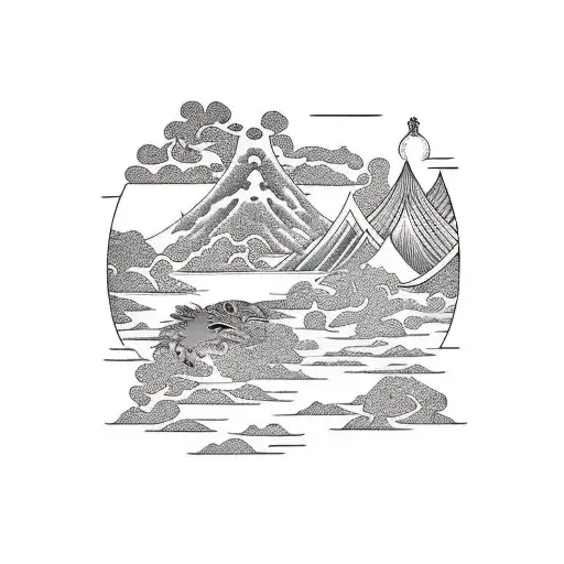 Island Scape With Lotus Leaves In Foreground