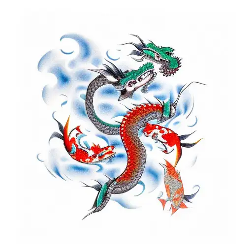 Asiatic Dragon And Koi Fish