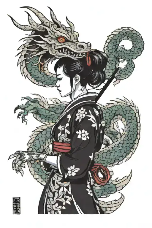 Traditional Japanese Style Tattoo Dragon And Samurai Girl With A Tattoo Machine