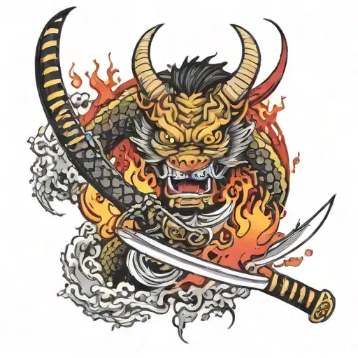 A Katana With Oni Masks And A Dragon Wrapped Around The Katana In The Background Flames