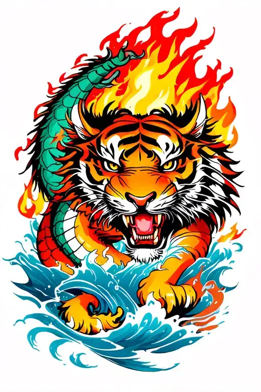 Tatoo Style Yakuza Dragon Vs Tiger Fight On Fire Aslo Water