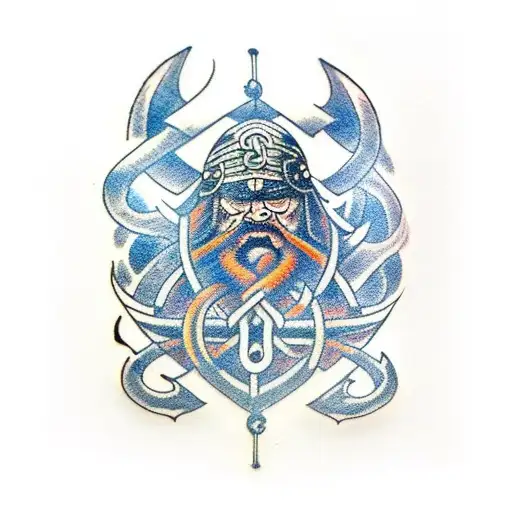 A Viking Influenced Tattoo Incorporating Only A Sword And An Anchor With Hints Of Navy Blue