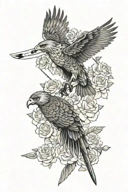 Hawk Soaring With A Sword Surrounded By Roses