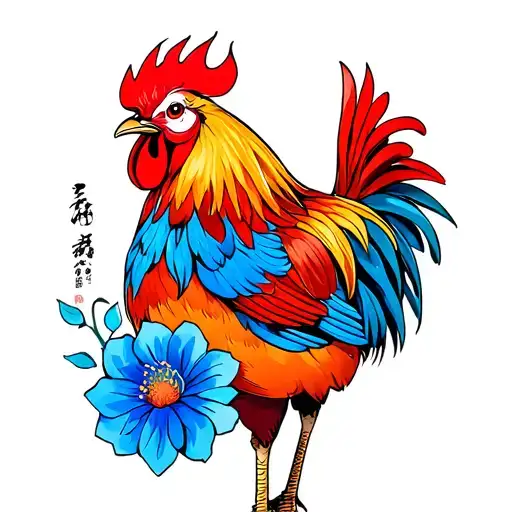 Red And Blue Rooster With Blue Ipm Flower