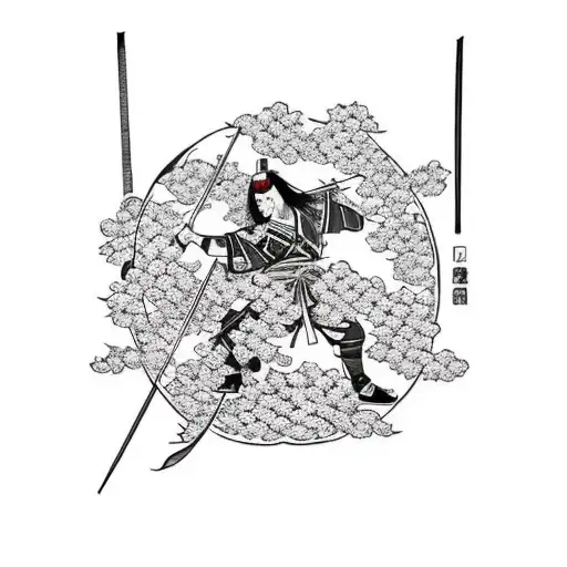A Samurai Warrior Engaged In A Fierce Battle With A Dragon Amidst A Field Of Cherry Blossoms