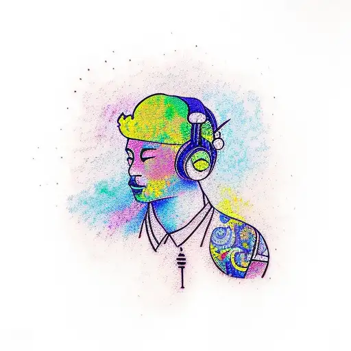 A Colorful New-school Tattoo Of A Dj Mixing Music At A Festival