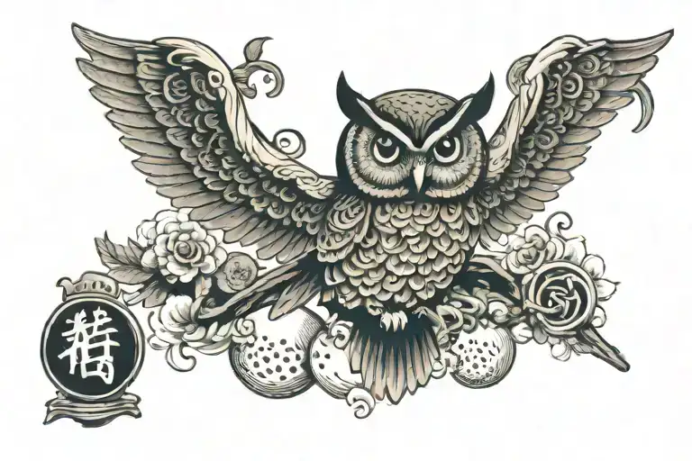 Owl On Bowling Pin Surrounded By Various