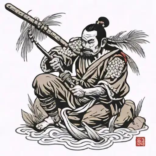 Samurai Warrior Fishing By Coconut Tree Branches