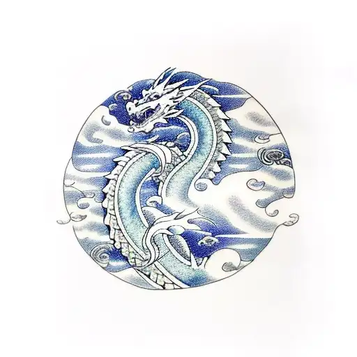 Dragon With Clouds And Waves