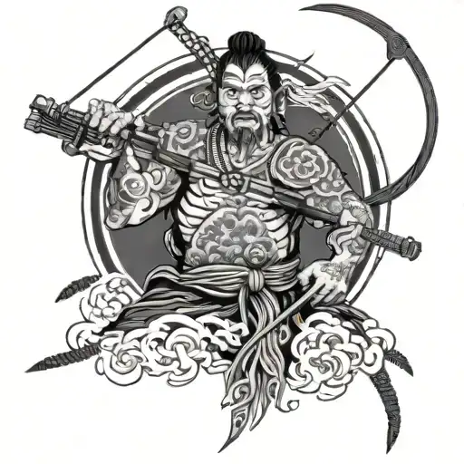 Black And White Japanese Worrior With Bow And Arrow For The Chest