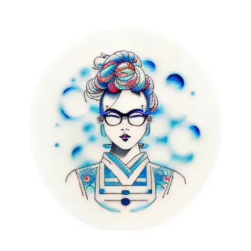 Blue Space Bun Hair And Circle Glasses Woman Neo Traditional