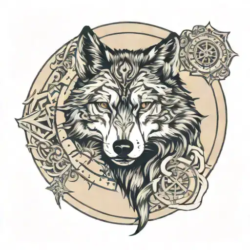 Wolf With Time And Compass Surrounded