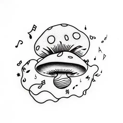 Mushroom Growing On An Ekg Line Under Fairy Lights With Music Notes In The Air