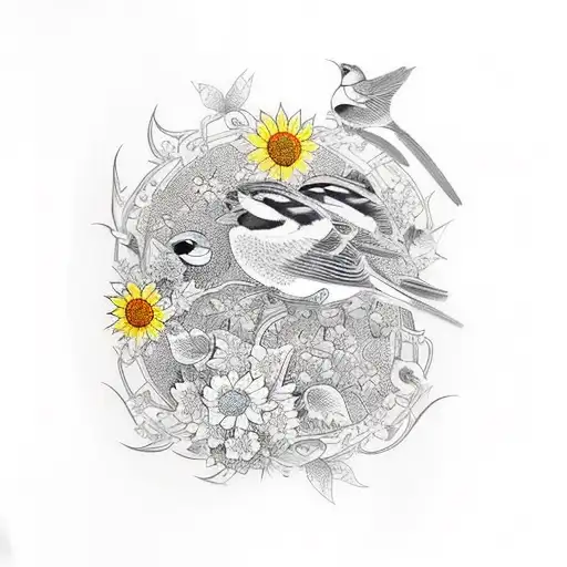 Vine With Sunflowers And Sparrows With A Few Butterflies